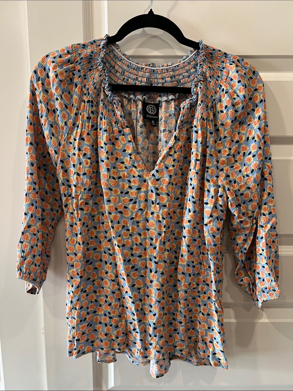 Bobeau Blue and Orange Floral Smocked V-Neck Blouse Sz M